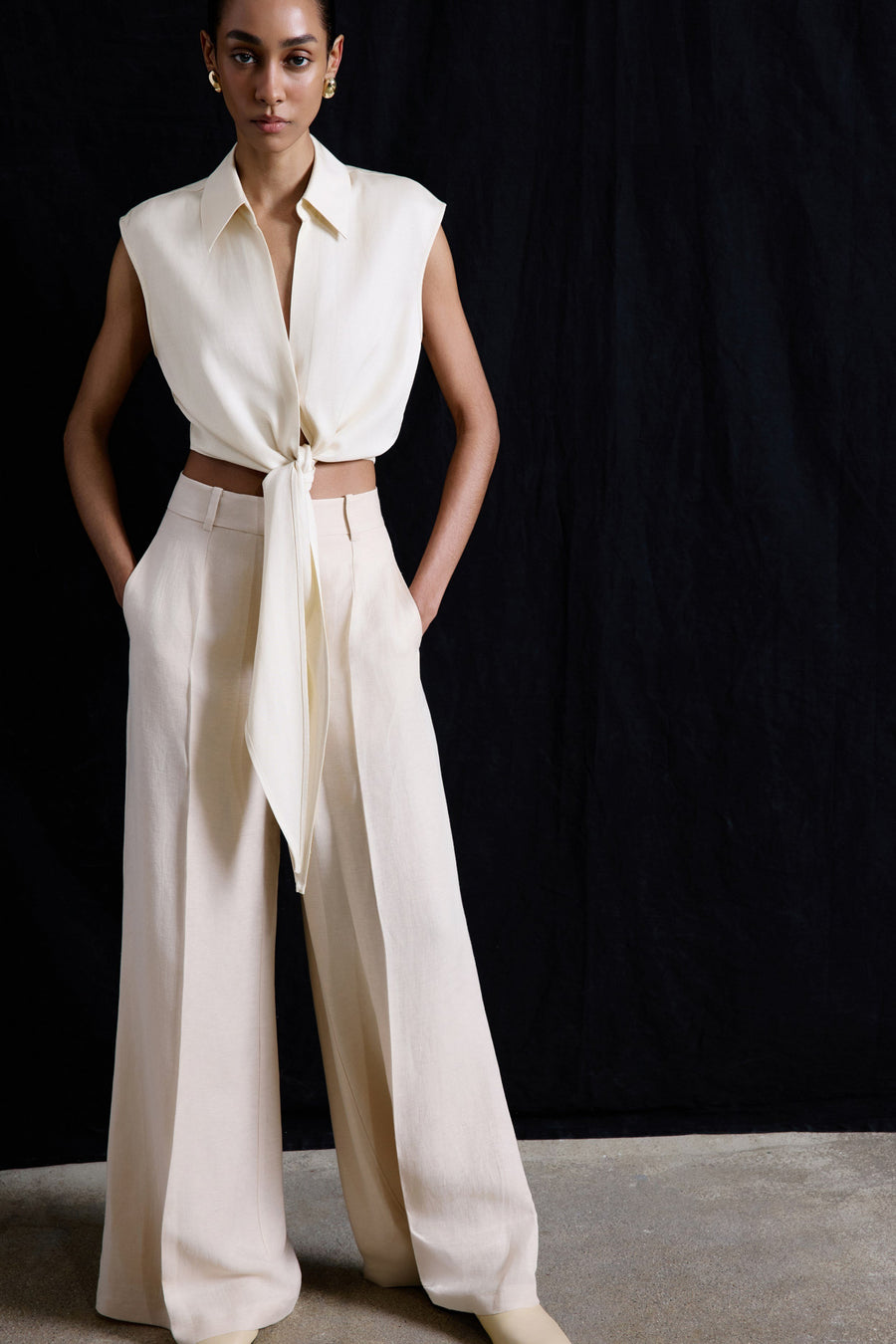 Beige Wide Leg Linen Blend  Trousers