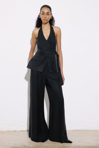 Black Wide Leg Linen Blend Trousers