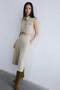 Beige Wide Leg Wool-textured Short  Pants