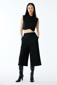 Black Wide Leg Wool-textured Short  Pants