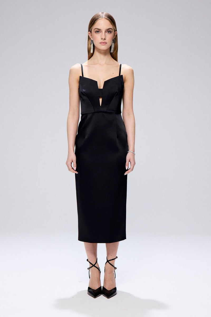 Wide Neck Detail Slit  Midi Dress