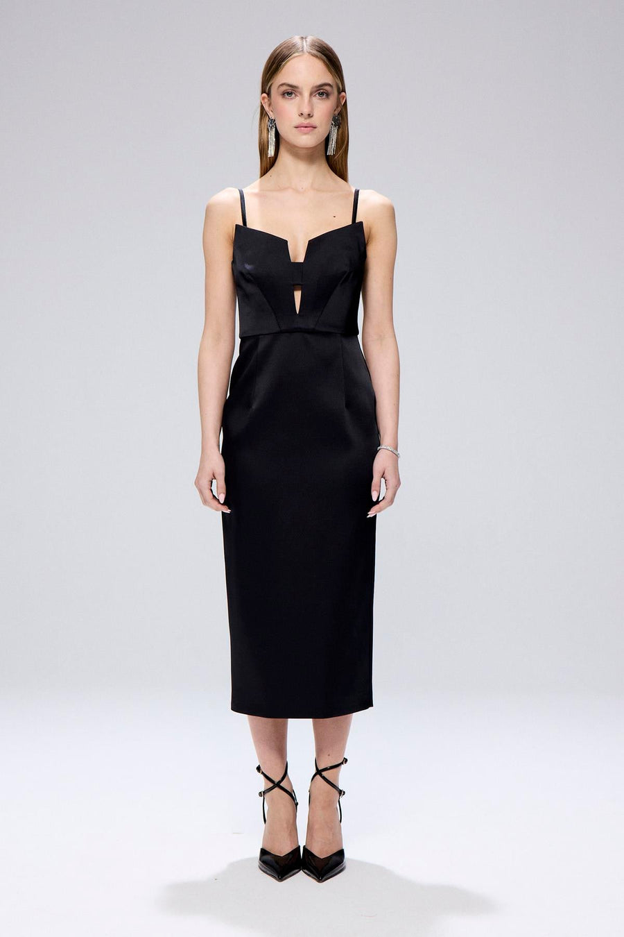 Wide Neck Detail Slit  Midi Dress
