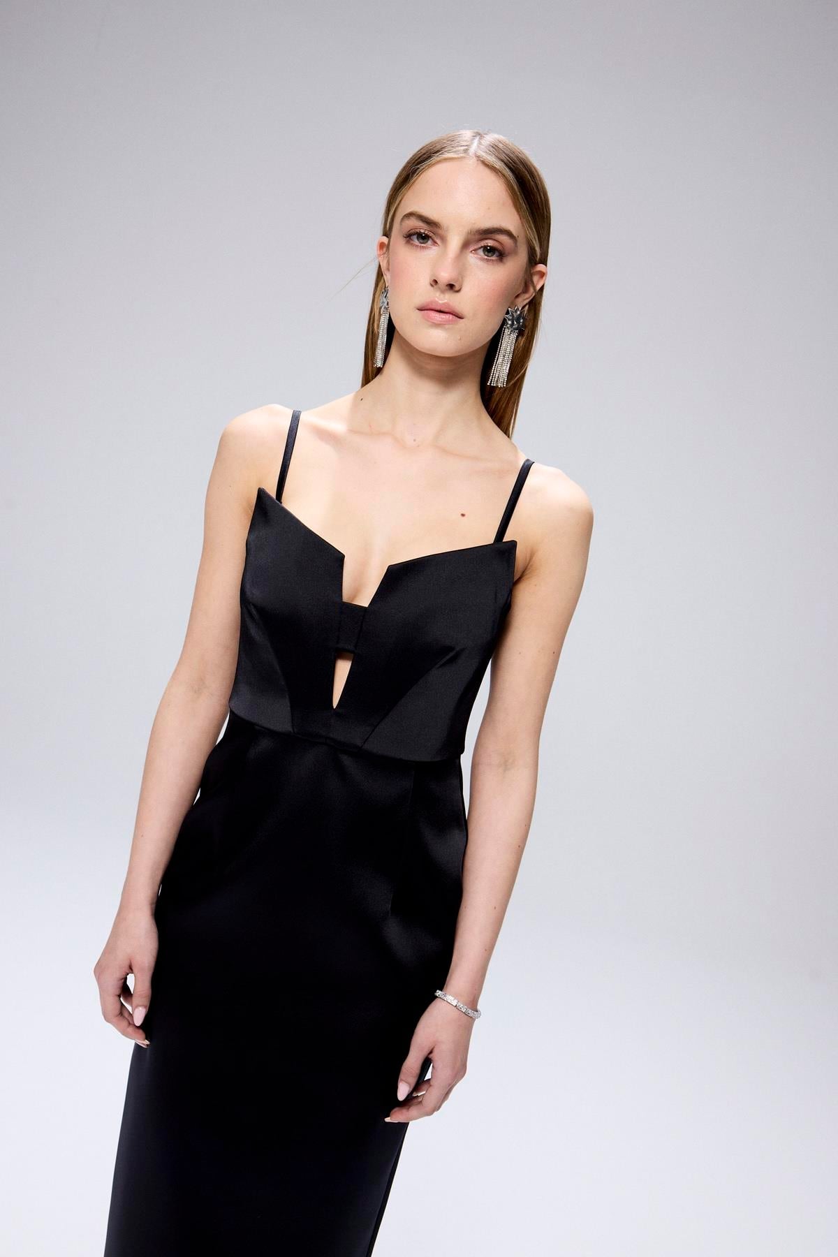 Wide Neck Detail Slit  Midi Dress