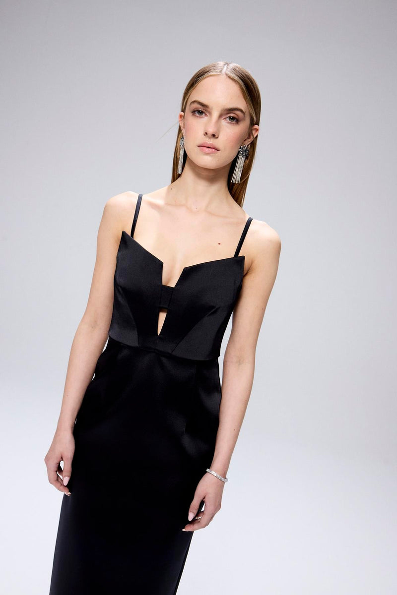 Wide Neck Detail Slit  Midi Dress