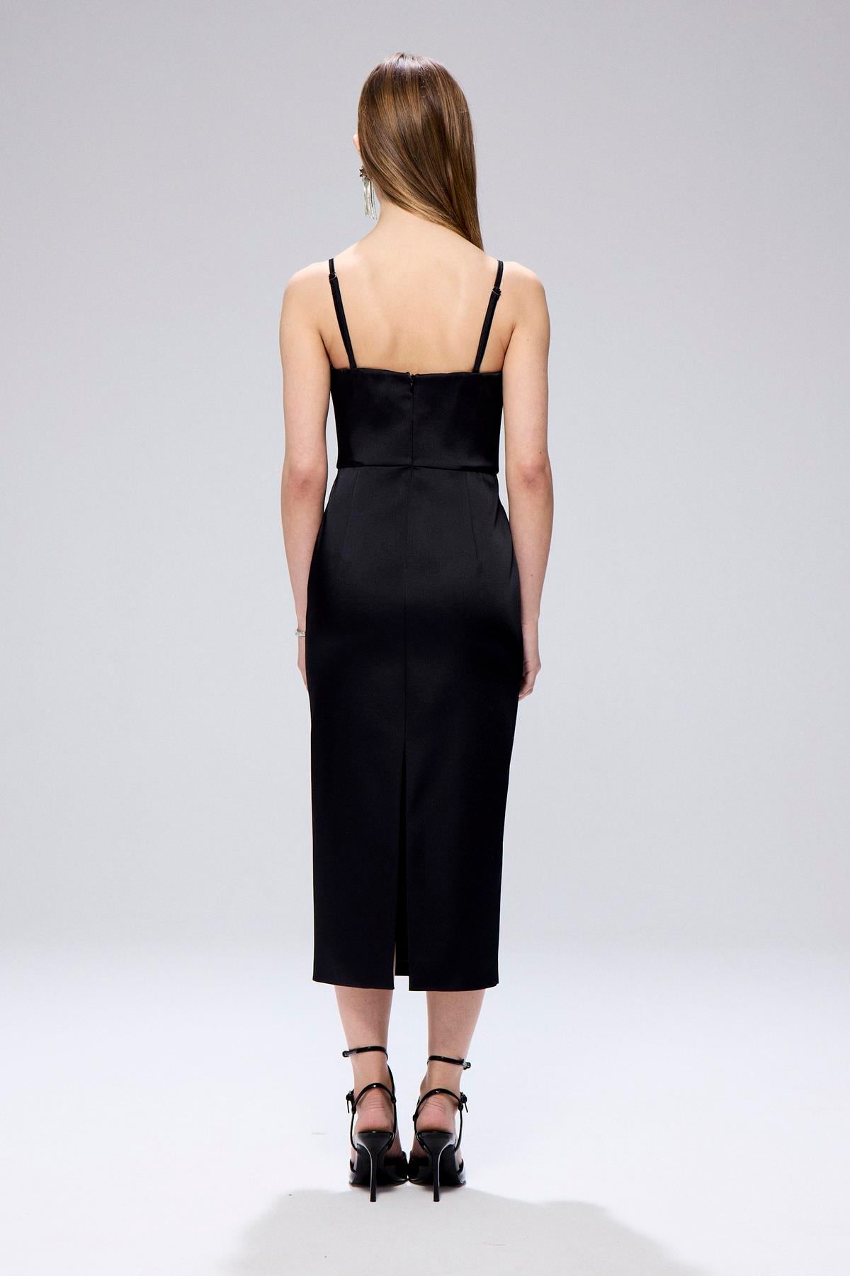 Wide Neck Detail Slit  Midi Dress
