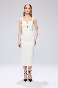 Ecru Wide Neck Detail Slit Midi Dress