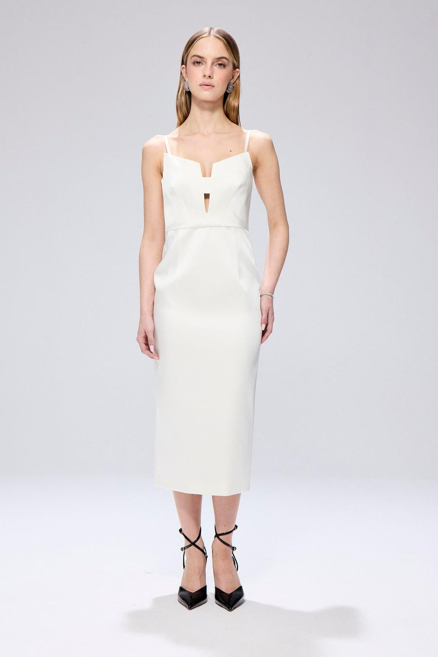 Wide Neck Detail Slit  Midi Dress