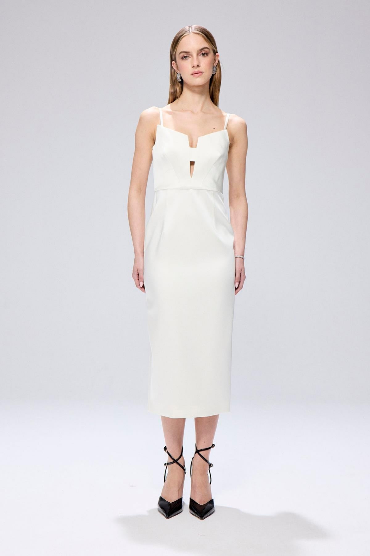 Wide Neck Detail Slit  Midi Dress