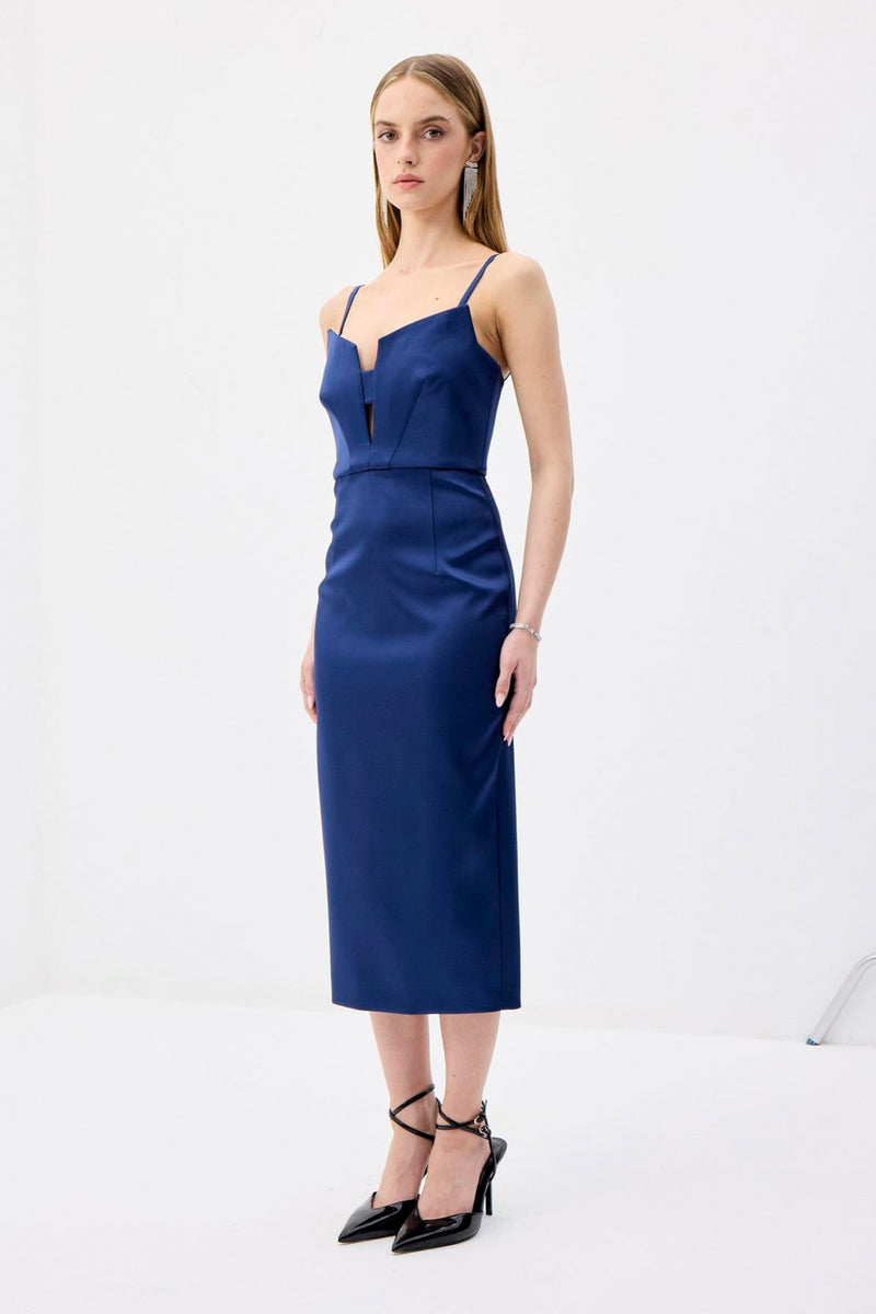 Wide Neck Detail Slit  Midi Dress