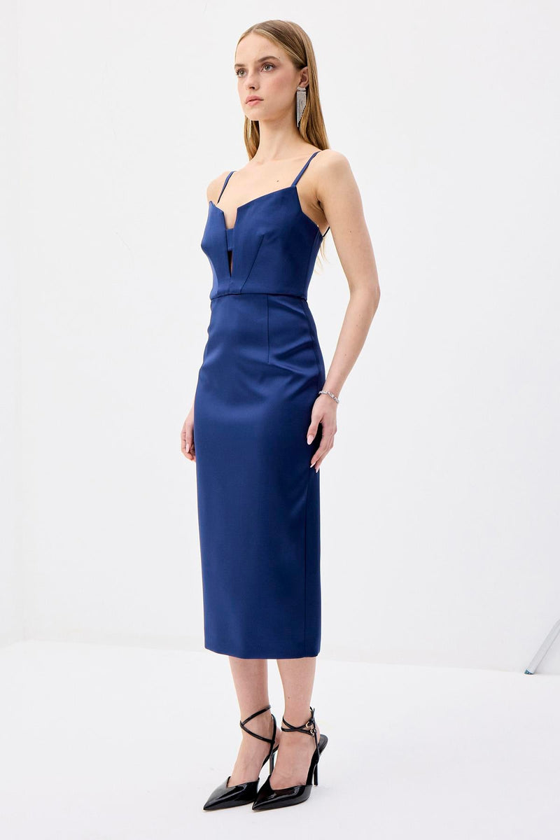 Wide Neck Detail Slit  Midi Dress