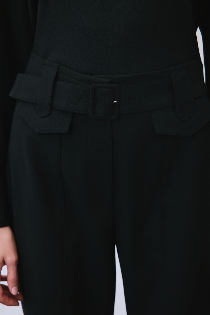 Wool-Blend Belted Pants with Stitch Details