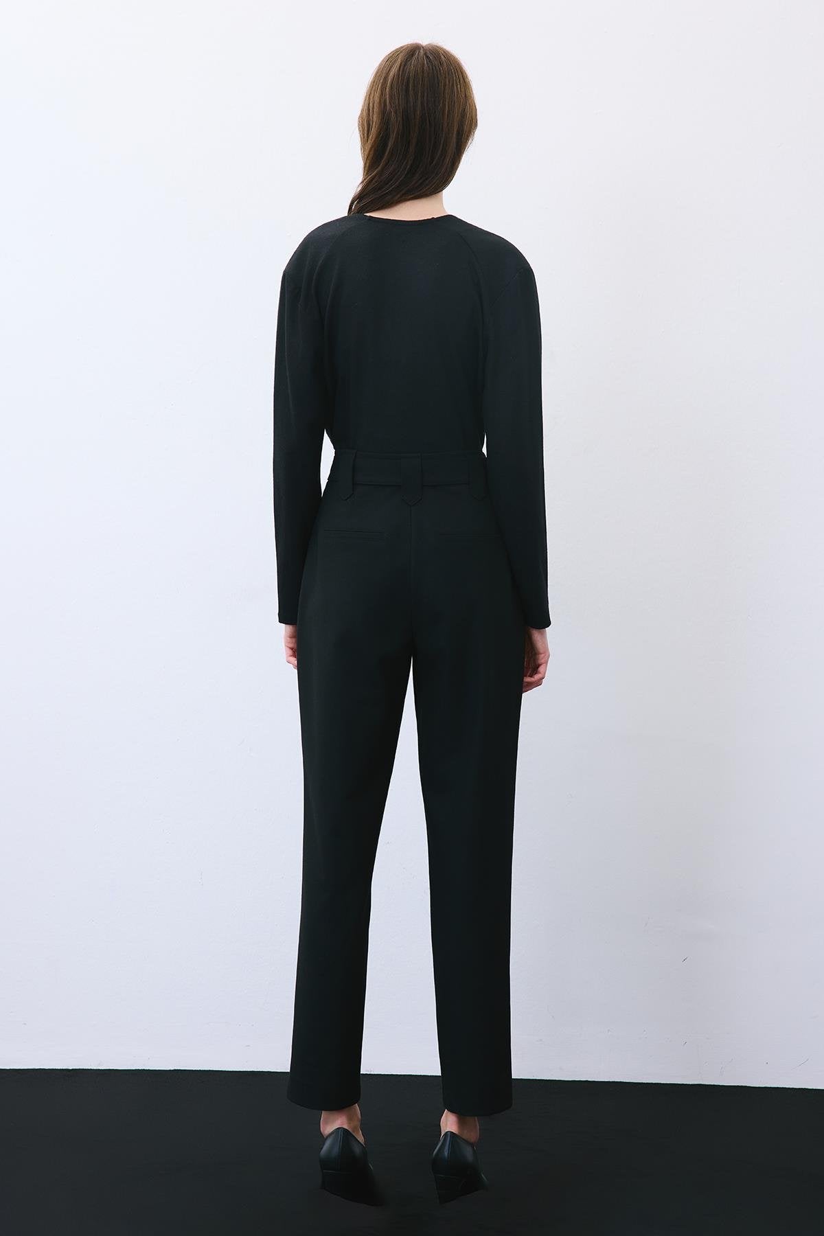 Wool-Blend Belted Pants with Stitch Details