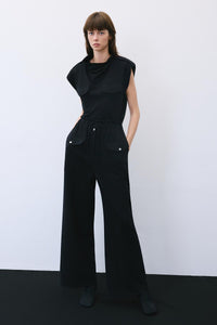 Black Wool-blend Wide Leg Pants With Drawstring Waist