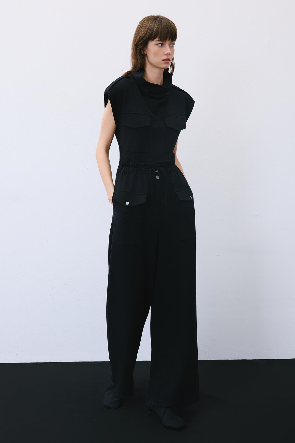 Wool-Blend Wide Leg Pants with Drawstring Waist