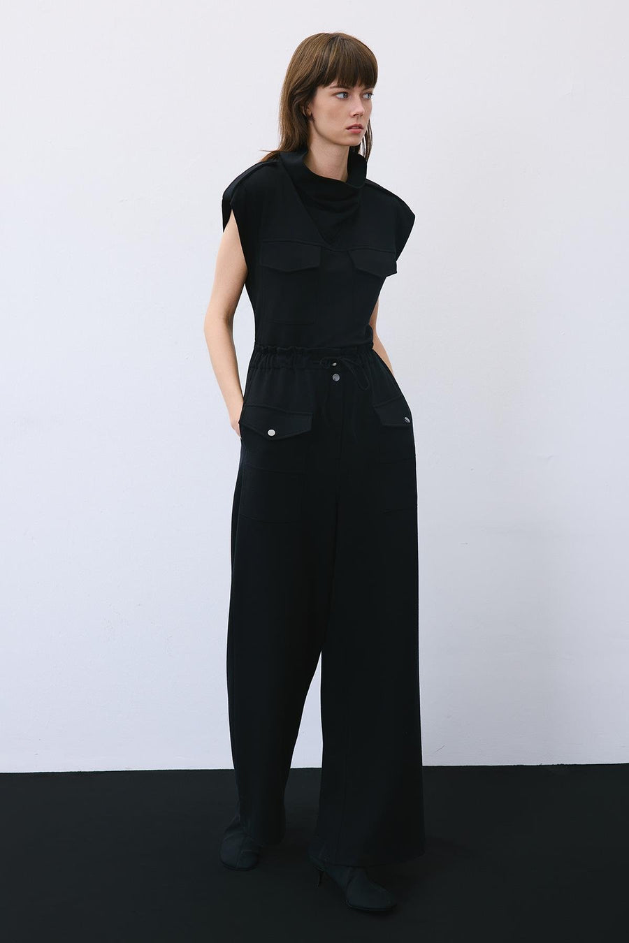 Wool-Blend Wide Leg Pants with Drawstring Waist