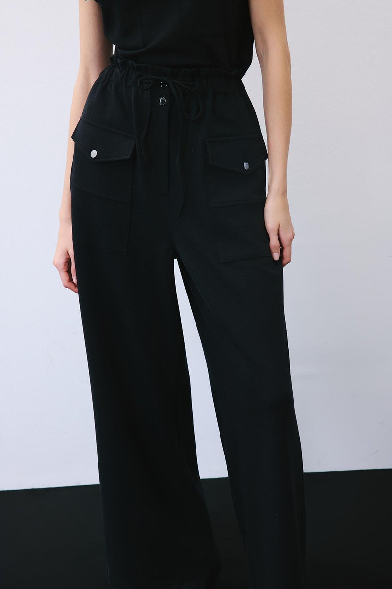 Wool-Blend Wide Leg Pants with Drawstring Waist