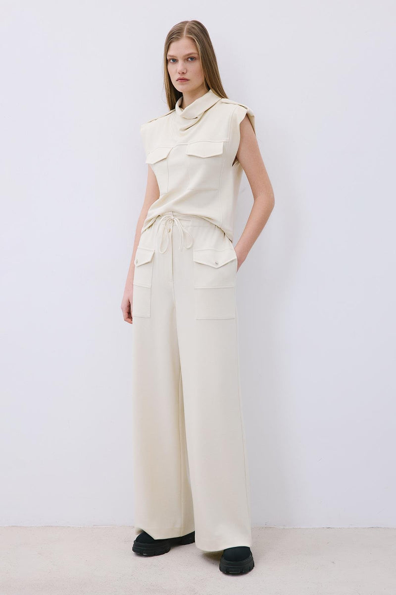 Wool-Blend Wide Leg Pants with Drawstring Waist