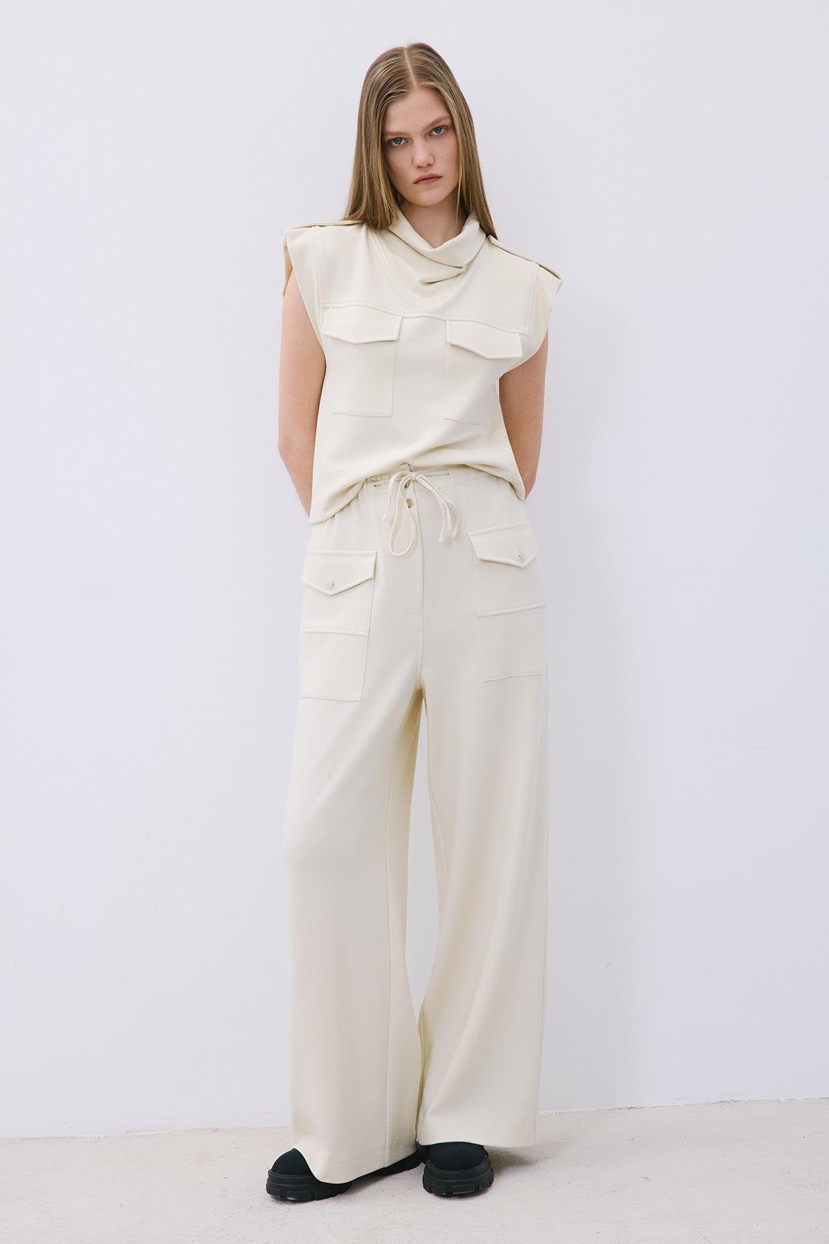 Wool-Blend Wide Leg Pants with Drawstring Waist