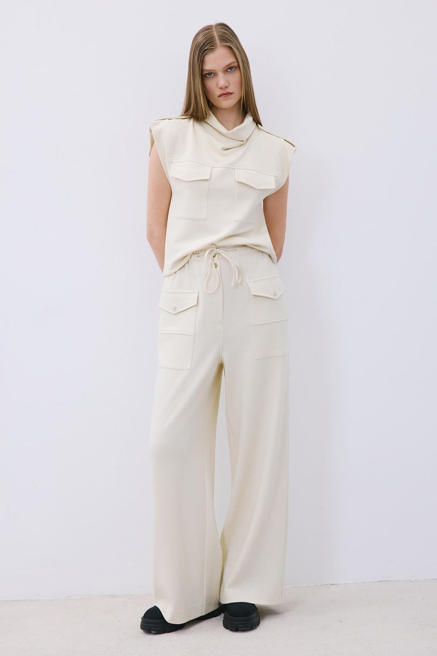 Wool-Blend Wide Leg Pants with Drawstring Waist