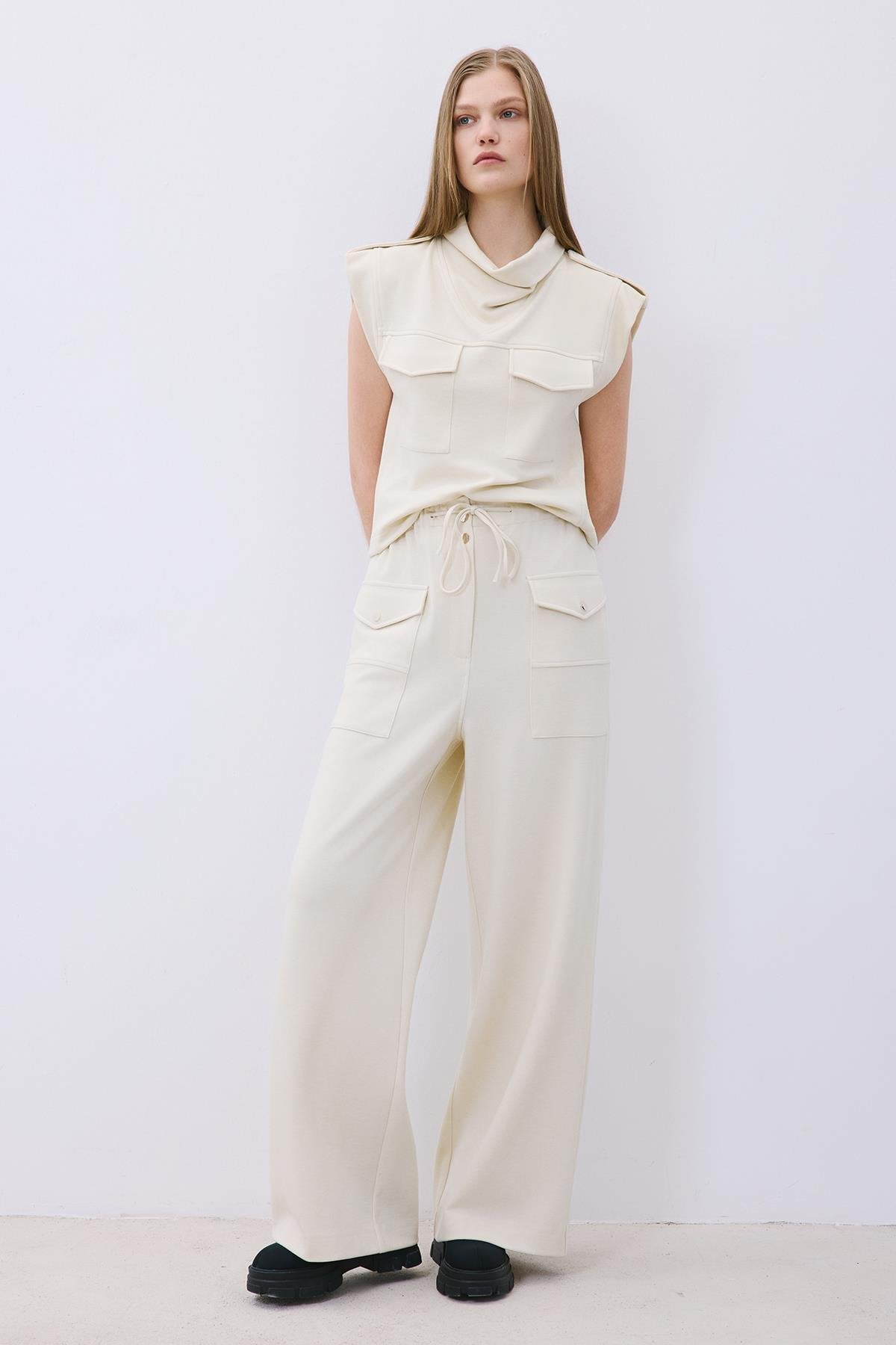 Wool-Blend Wide Leg Pants with Drawstring Waist