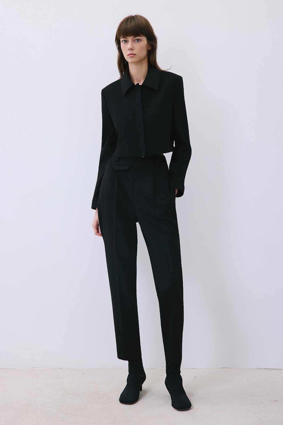 Beige Wool-Blend Zip-Up Crop Jacket