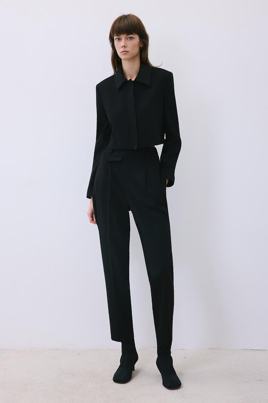 Beige Wool-Blend Zip-Up Crop Jacket