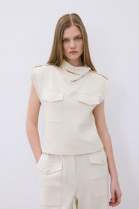 Ecru Wool Knit Blouse With Stitch Detail