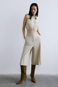 Beige Wool-textured Padded Shoulder  Crop Vest