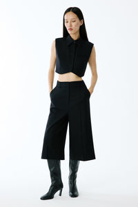Black Wool-textured Padded Shoulder  Crop Vest