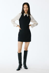 Black Wool-textured Square Neck Mini  Dress
