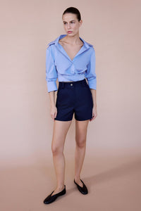 Blue Wrap Collar Poplin Crop  Shirt