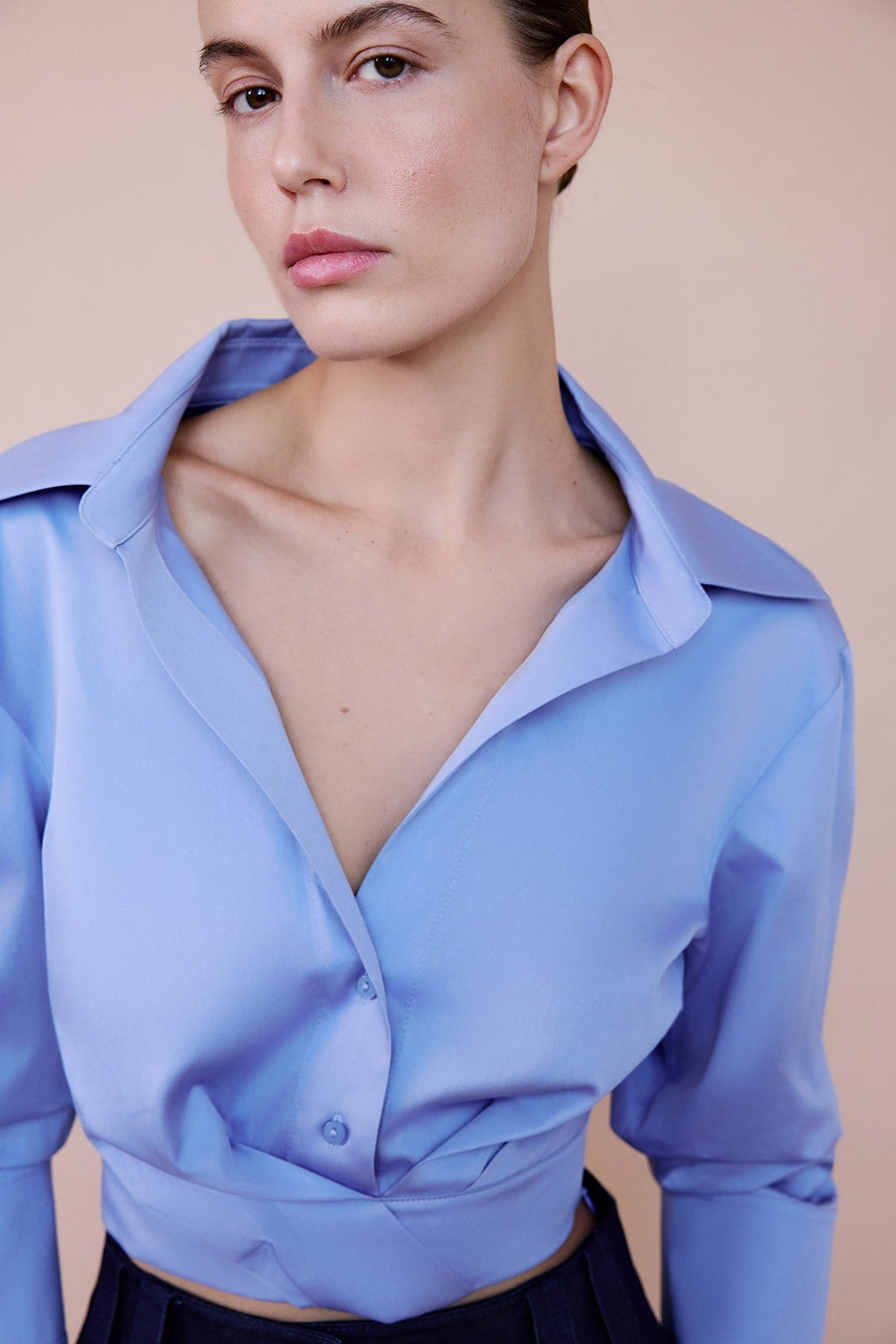 Wrap Collar Poplin Crop  Shirt