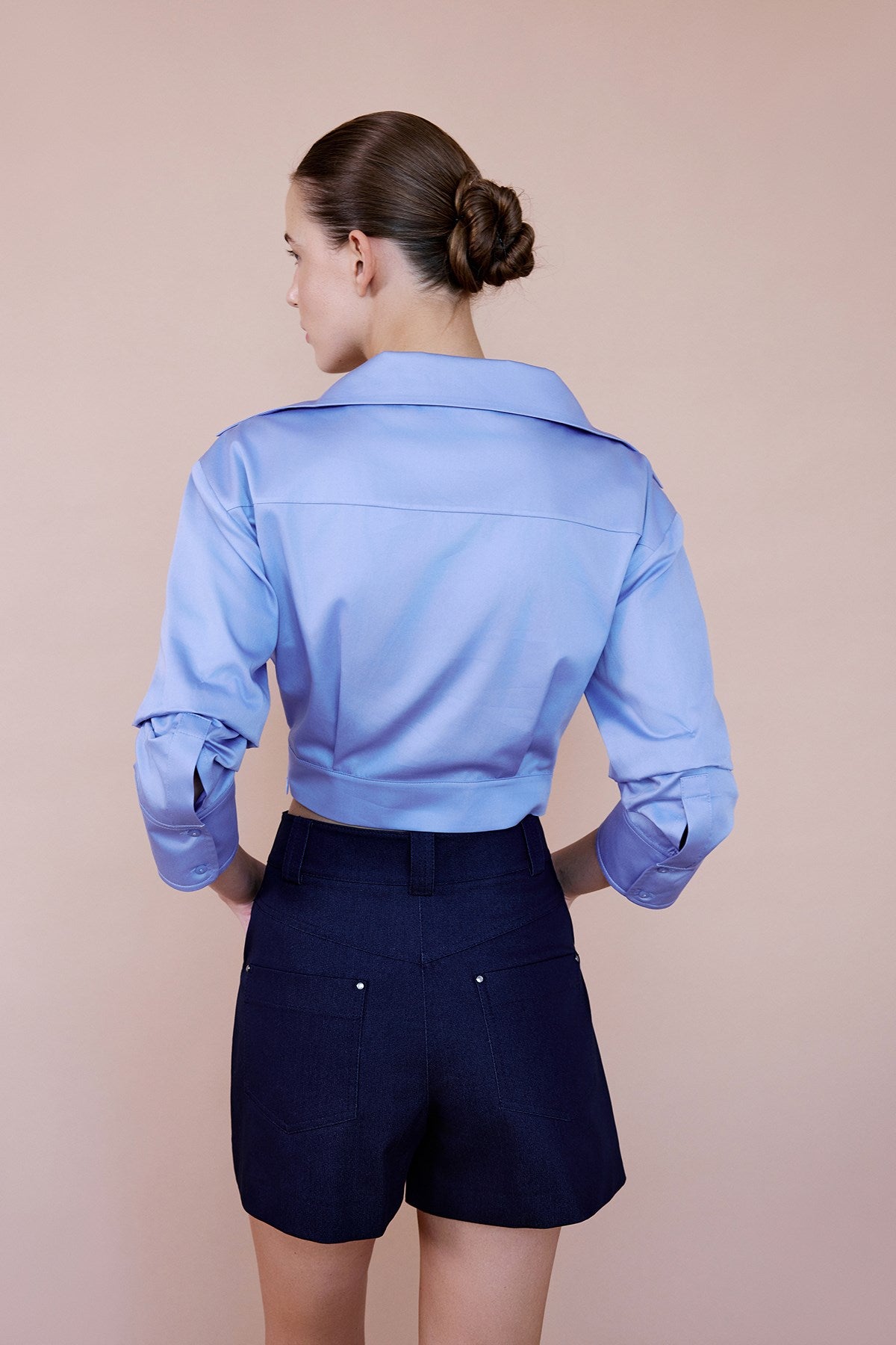 Wrap Collar Poplin Crop  Shirt