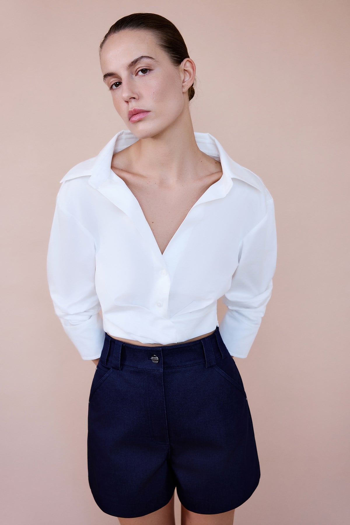 Wrap Collar Poplin Crop  Shirt