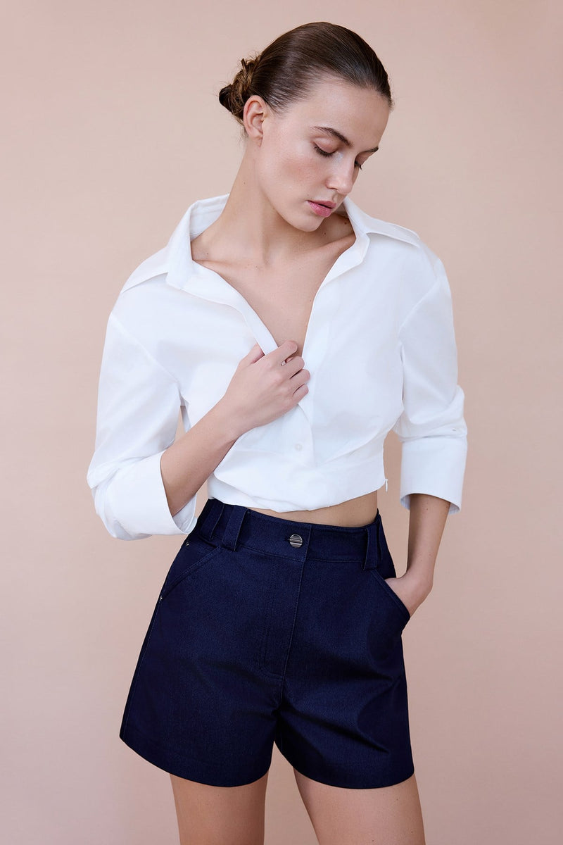 Wrap Collar Poplin Crop  Shirt