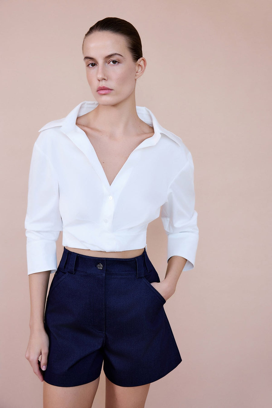 Wrap Collar Poplin Crop  Shirt