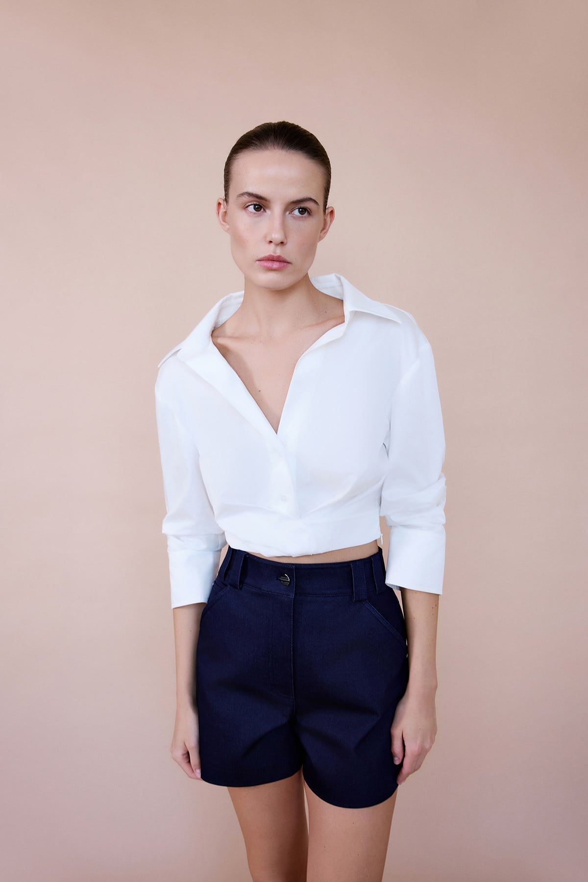 Wrap Collar Poplin Crop  Shirt