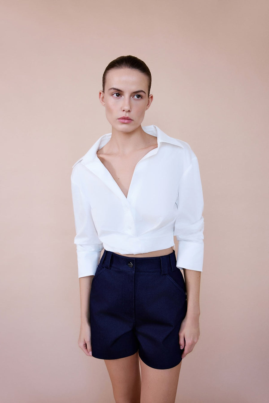 Wrap Collar Poplin Crop  Shirt