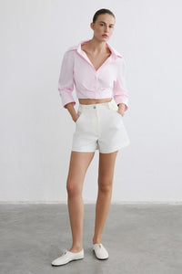 Pink Wrap Collar Poplin Crop  Shirt