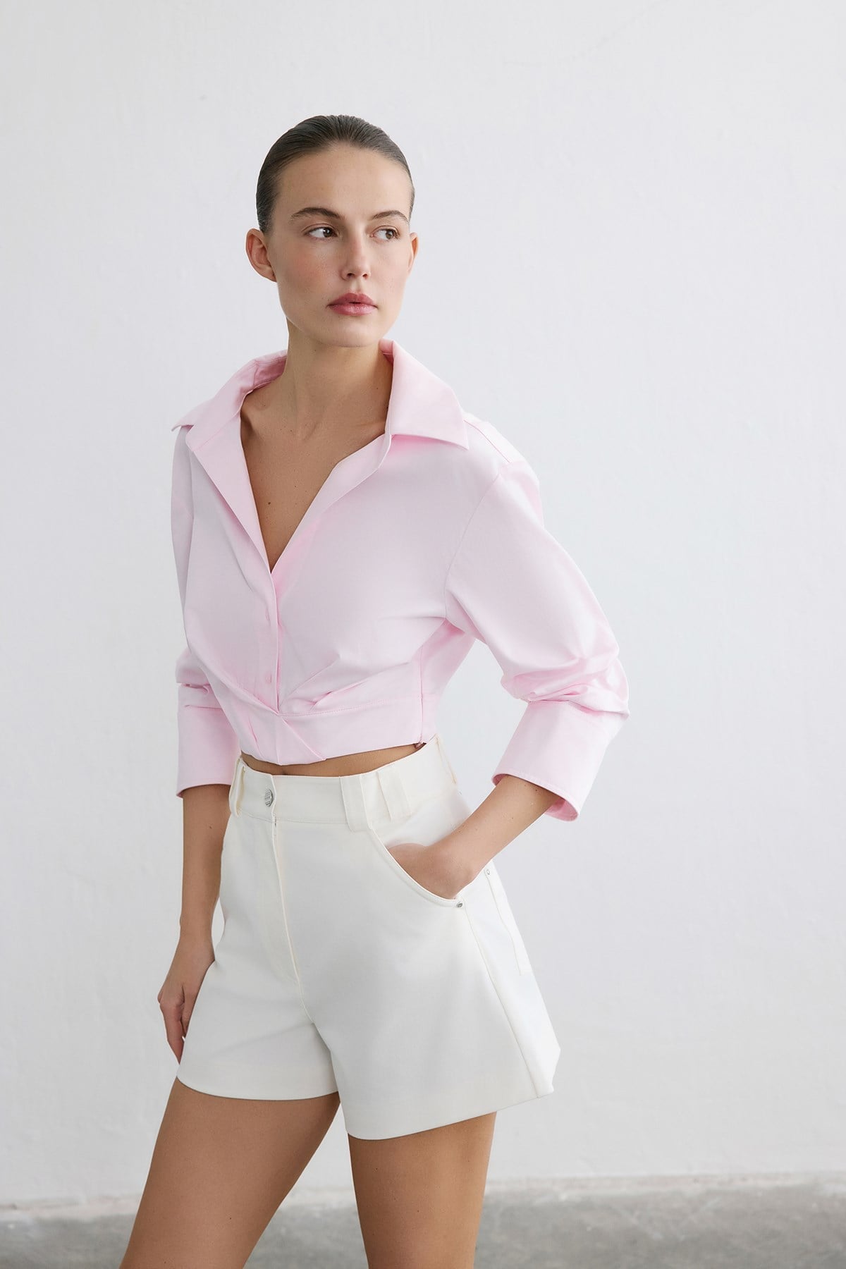 Wrap Collar Poplin Crop  Shirt