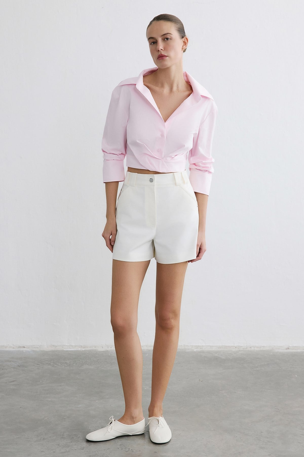 Wrap Collar Poplin Crop  Shirt