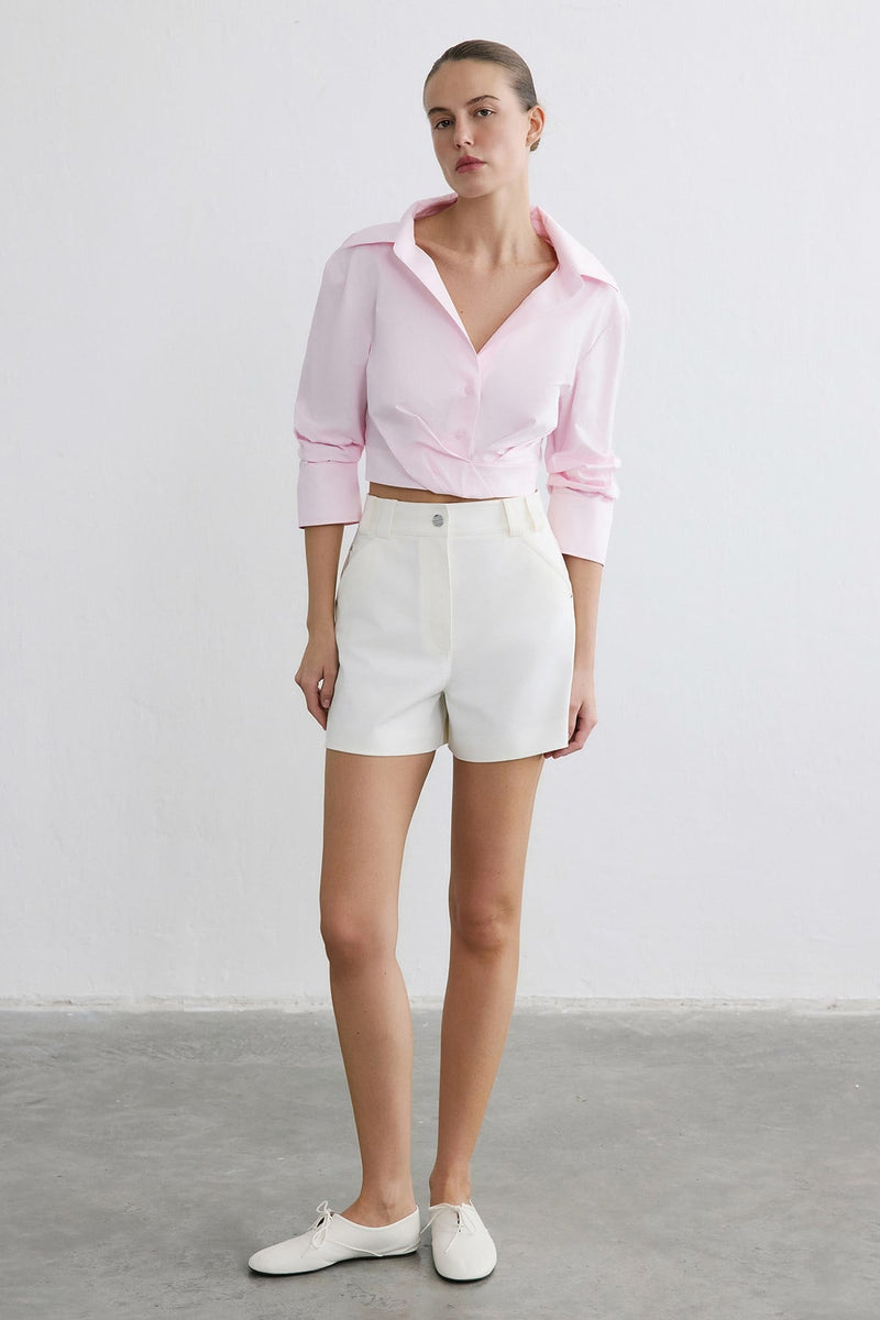 Wrap Collar Poplin Crop  Shirt