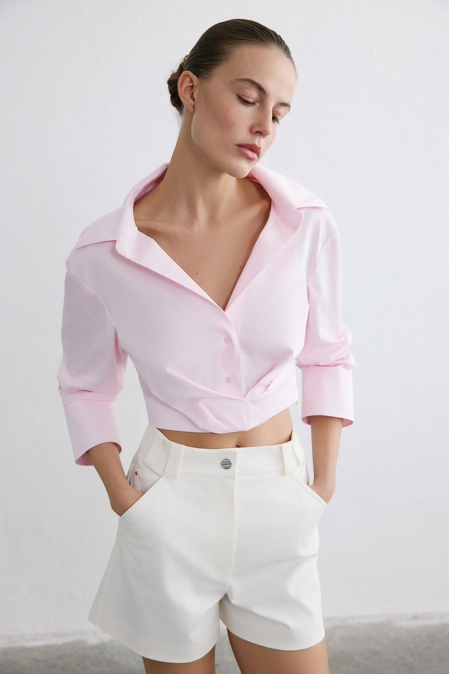 Wrap Collar Poplin Crop  Shirt