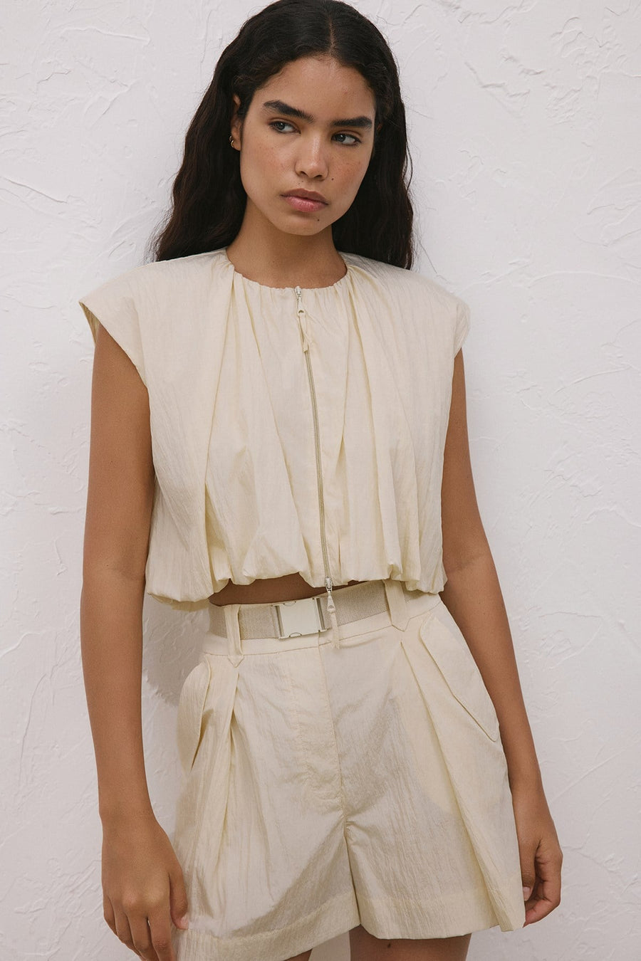Ecru Zippered Short Sleeve  Vest