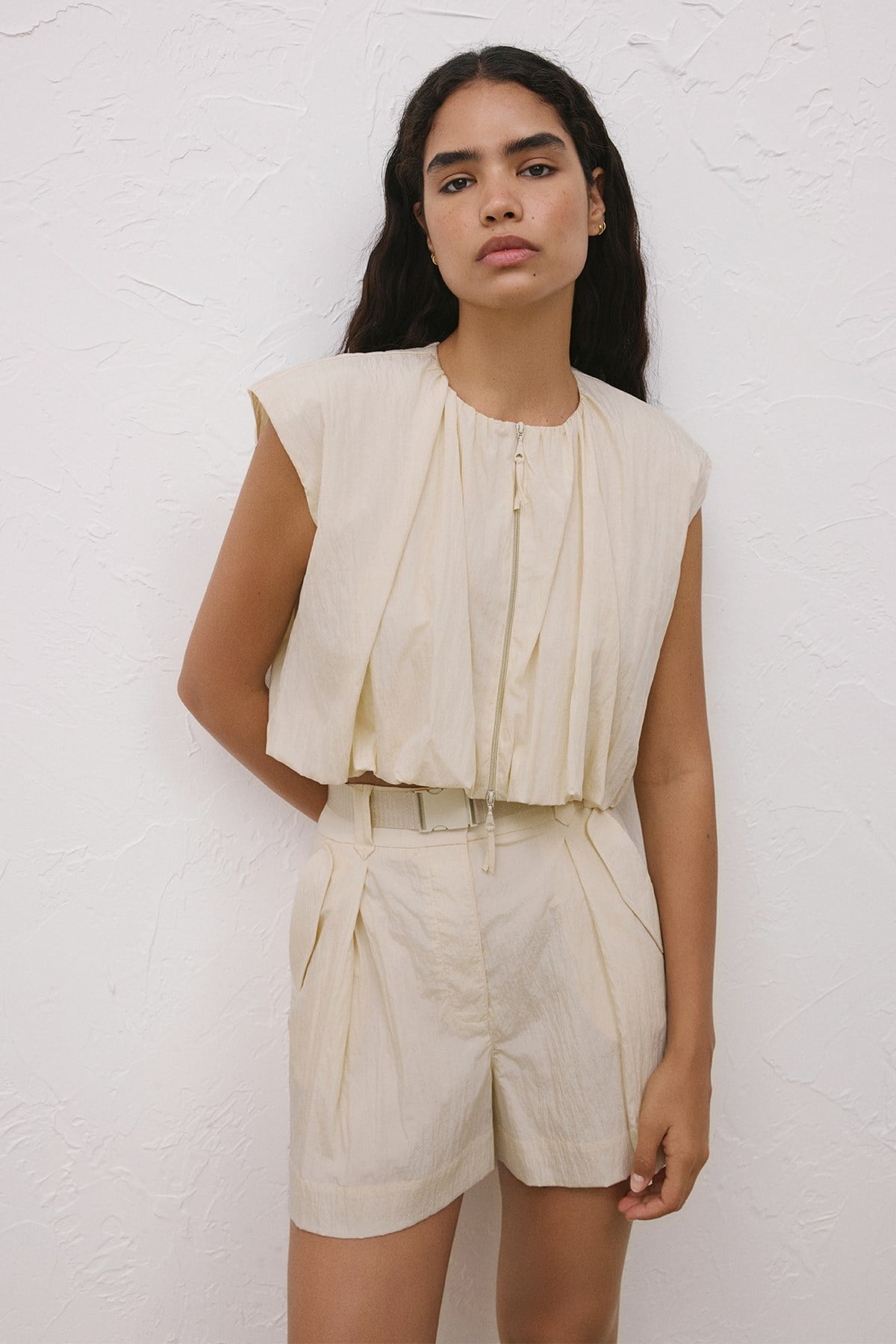 Ecru Zippered Short Sleeve  Vest