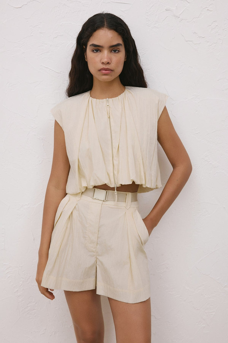 Ecru Zippered Short Sleeve  Vest